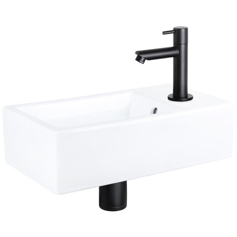 Differnz Force kit lave-mains - 40x22x11.5cm - Rectangulaire - 1 trou de robinet - Robinet droit noir mat - Céramique blanche