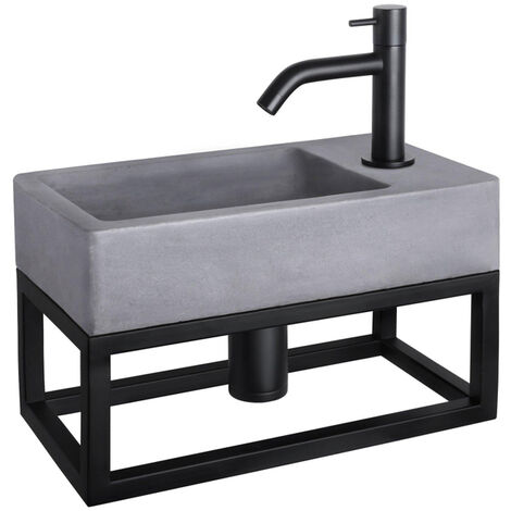 Differnz Force kit lave-mains - 40x22x8cm - Rectangulaire - 1 trou de robinet - Robinet courbé noir mat - avec cadre noir - Gris béton