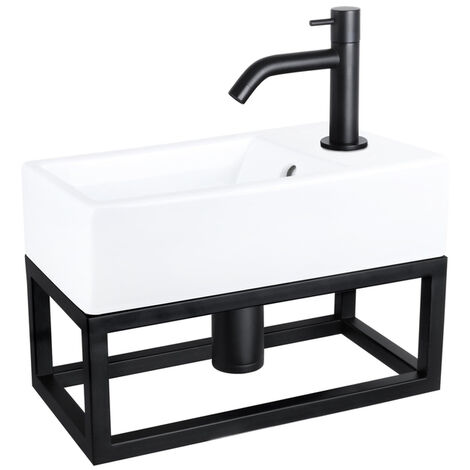 Differnz Force Set lave-mains 40x22x8cm 1 trou avec robinet courbé et siphon + bonde noir mat Rectangulaire Céramique Blanc