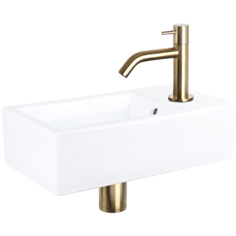 Differnz Force Set lave-mains 40x22x8cm 1 trou avec robinet courbé et siphon + bonde or mat Rectangulaire Céramique Blanc - Blanc