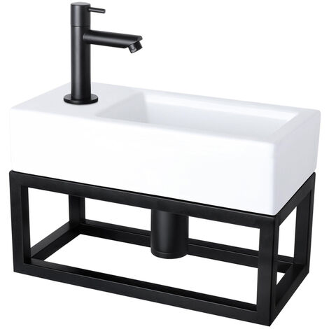 Differnz Helios kit lave-mains - 37,5x18,5x9,5cm - Rectangulaire - 1 trou de robinet gauche - Robinet noir mat droit - avec cadre noir - Céramique