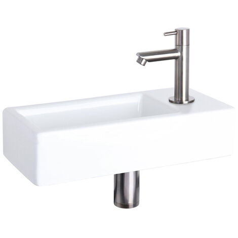 Differnz Hura kit lave-mains - 37,5x18,5x9cm - Rectangulaire - 1 trou de robinet - Robinet droit chromé mat - Céramique blanche