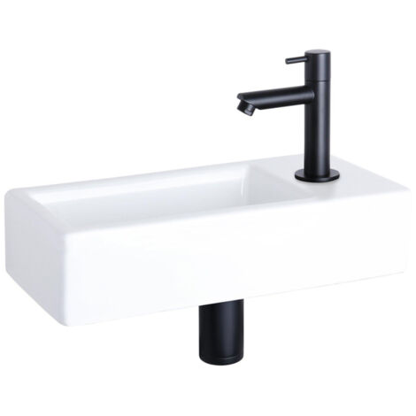 Differnz Hura kit lave-mains - 37,5x18,5x9cm - Rectangulaire - 1 trou de robinet - Robinet droit noir mat - Céramique blanche