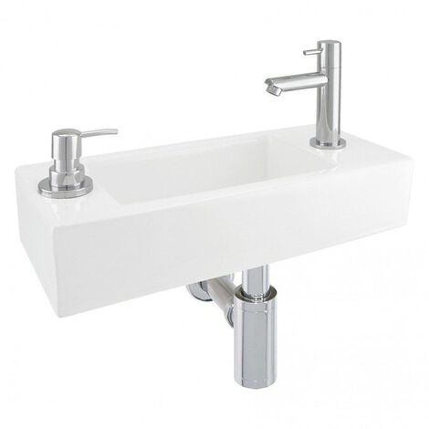 Differnz Sapon kit lave-mains - 42x18.5x9cm - Rectangulaire - 1 trou de robinet - eau froide - Chrome - Céramique Blanche