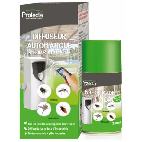 Diffuseur automatique d'insecticides au pyrèthre végétal – Protection jusqu'à 40 m² – Télécommande pour dosage variable – Recharge incluse – Protecta