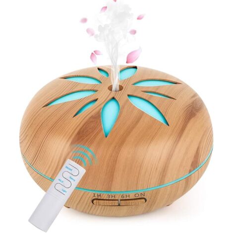 Diffuseur d'Huile Essentielle 550ml, Ultrasonique Diffuseur Huiles Essentielles Electrique avec Télécommande 7 LED Changeantes Arrêt Automatique pour Chambre/Salon/Spa/Yoga (Brun)