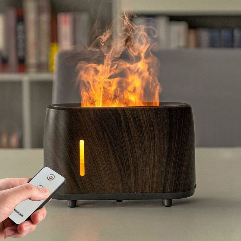 Diffuseur Huiles Essentielles Lumière Effet Flamme, Humidificateur d'air Minuterie et Luminosité Réglable, Control avec Télécommande pour Bureau à