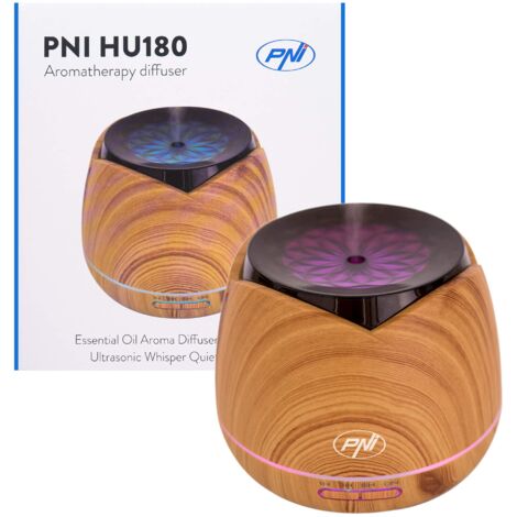 Diffusore aromaterapia PNI HU180 per olii essenziali, ultrasuoni, 400 ml, timer, LED a 7 colori, chiusura automatica, venatura del legno