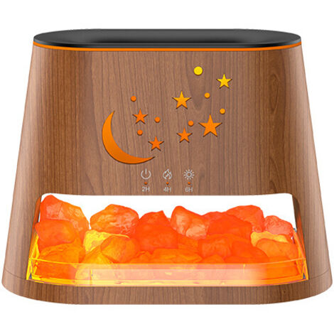 Difusor de aceites esenciales, humidificador con efecto de llama, piedra de sal cristalina, luz ambiental colorida, vetas de madera.