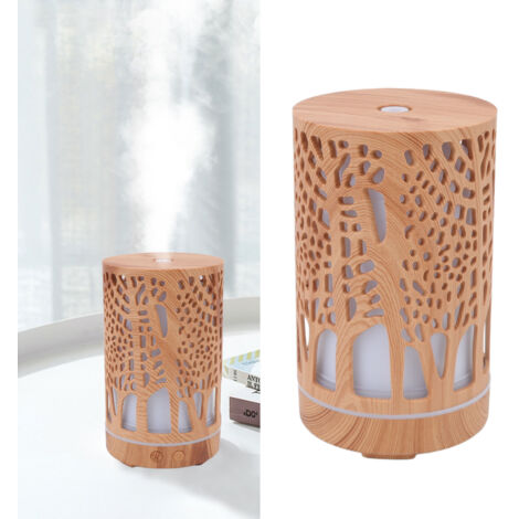 Difusor humidificador de aromaterapia con acabado en madera, 7 LED de colores, 200 ml, enchufe europeo (100–240 V), mando a distancia.
