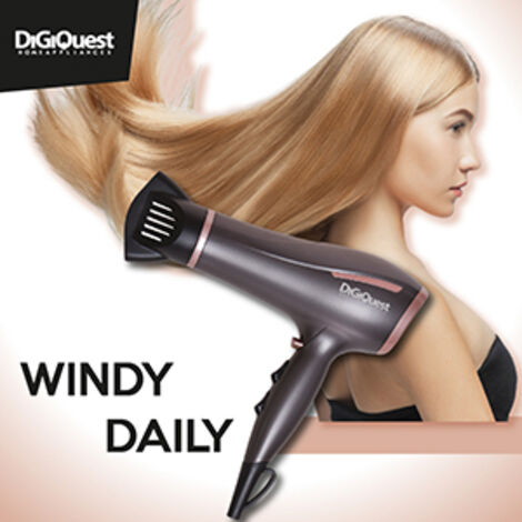 DIGIQUEST Phon 1800-2200W max WINDY DAILY leggero e potente cavo da 2mt 6 combinazioni di velocità Colpo di Freddo con concentratore e diffusore