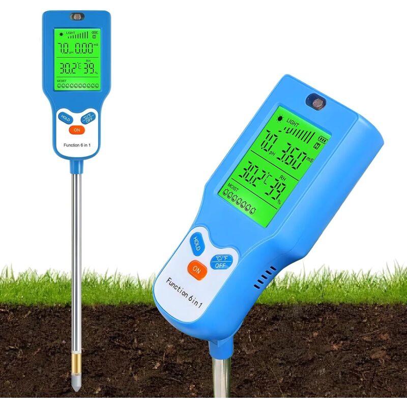 Digital 6-in-1 Soil Tester pH, Moisture, Light, Temperature & Fertility LCD Backlit Display Instant Measurement for Garden, Lawn & Plants