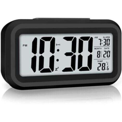 Digital alarm clock for bedroom, battery operated, 12/24 hour display, snooze function for heavy sleepers and children.
