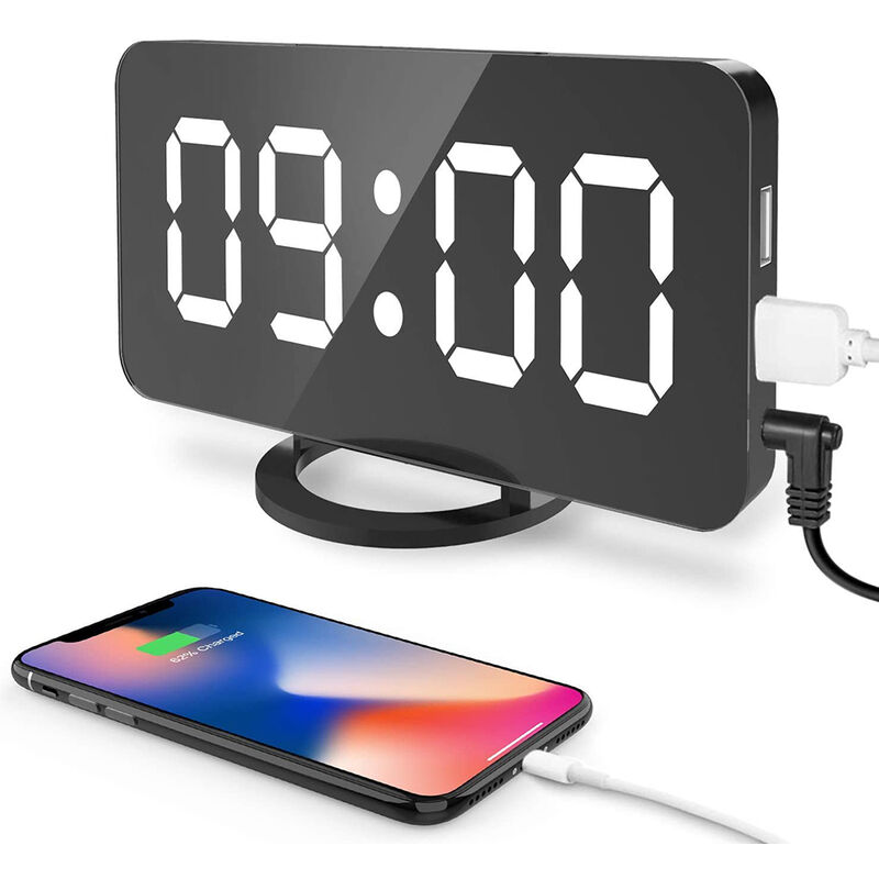 Pesce - Digital Alarm Clock, Large Led Display With Dual Usb Charger Ports Auto Dimmer Mode Easy Snooze Function, Modern Mirror Desk Wall Clock For