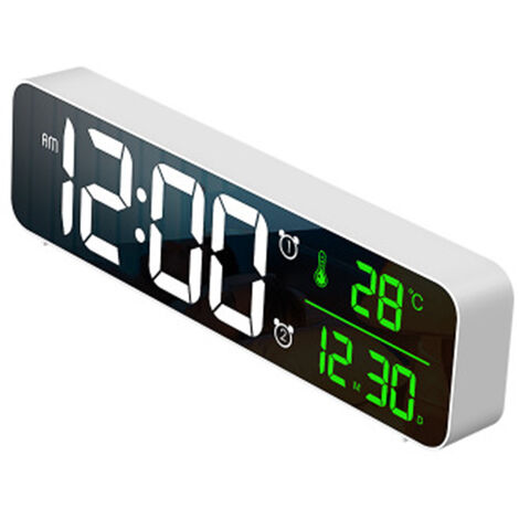 Digital Alarm Clock, LED Alarm Clock Digital Mirror Wall Clock Large Digit Table Clock with Date Temperature Display, USB Digital Alarm Clock, Adjustable Brightness, White