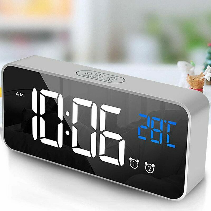 Hoopzi - Digital Alarm Clock, led Digital Alarm Clock Mirror Desk Clock usb Rechargeable Travel Alarm Clock with 2 Alarms / Snooze / Temperature