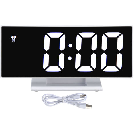 Digital Alarm Clock LED Mirror Screen USB Charging Automatic Dimming Electronic Clock for Bedroom OfficeWhite