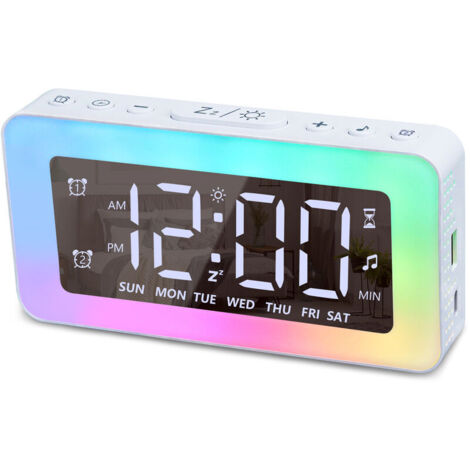 Digital alarm clock with light, timer, 8 white noise options and charging station.
