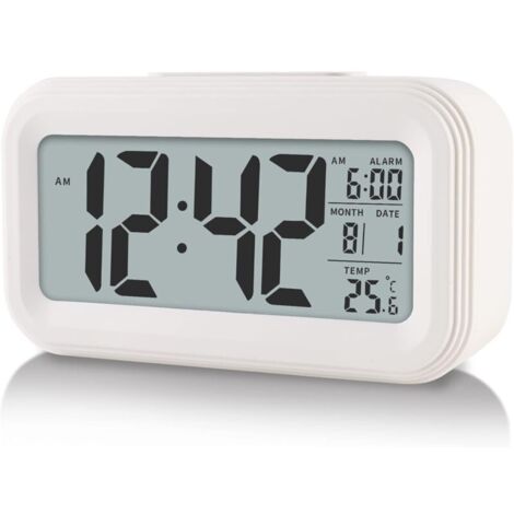 Digital alarm clock with room temperature display, battery operation, snooze function (white)