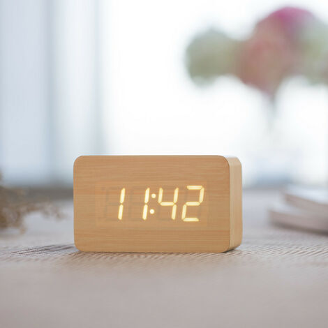main image of "Digital Alarm Clock Wood Adjustable Brightness Voice Control LED Clock Rectangle Display Time Temperature Home Decor"