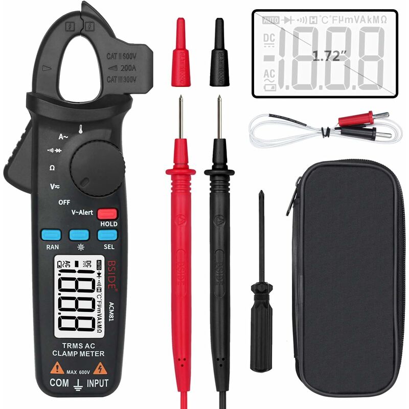 Digital Clamp Meter 1mA AC Current True RMS Auto-Ranging Ammeter Temperature Diode Ohm V-Alert Voltage Tester with Back Clip