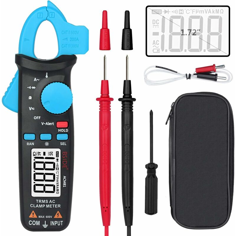 Digital Clamp Meter 1mA ac Current True rms Auto-Ranging Ammeter Temperature Diode Ohm V-Alert Voltage Tester with Back Clip