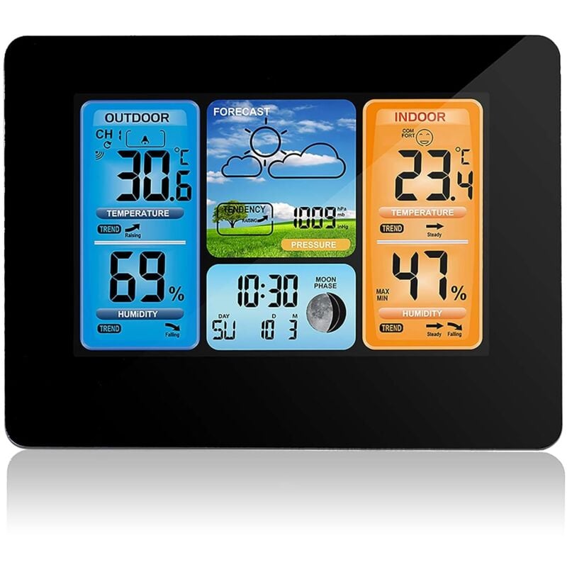 Digital Color Forecast Weather Station, Outdoor Sensor Weather Clock with Outdoor Sensor with Alert, Temperature, Humidity(Black)