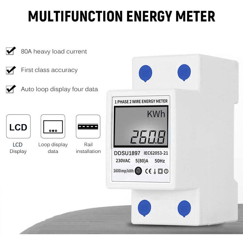 

Asupermall - Digital energia electrica medidor monofasico carril DIN Contador de la electricidad una fase de dos hilos multifuncion medidor