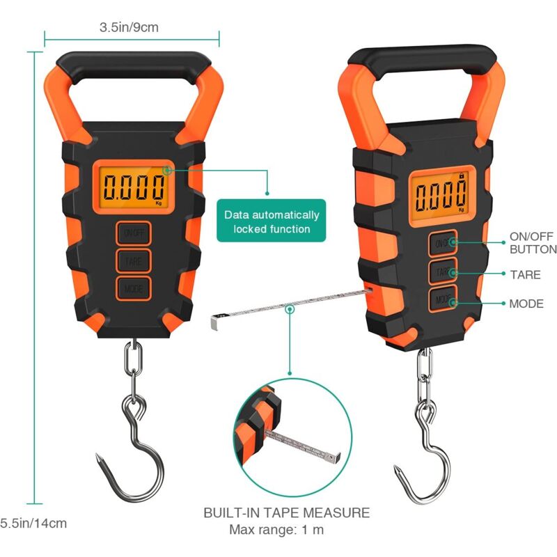 Digital Fishing Scale with Ruler, Fishing Postal Hanging Hook Scale, 110lb/50kg Waterproof Luggage Scale with Measuring Tape, Luggage Hook, Backlit