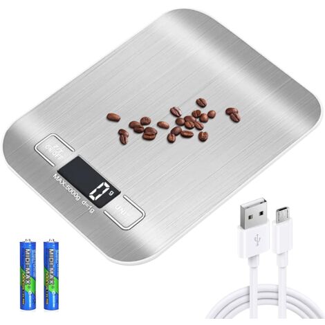 Digital kitchen scale - 10 kg/1 g - USB rechargeable - With LCD screen and tare function - With battery charging cable - Silver white