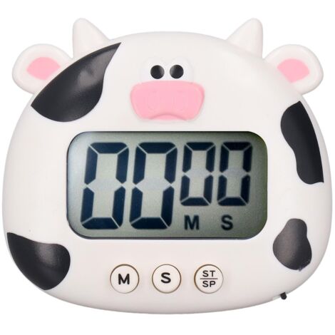 Digital Kitchen Timer Countup Countdown Cartoon Animal Sound Flash Alert Easy Operation with Stand for Cooking Teaching White Cow