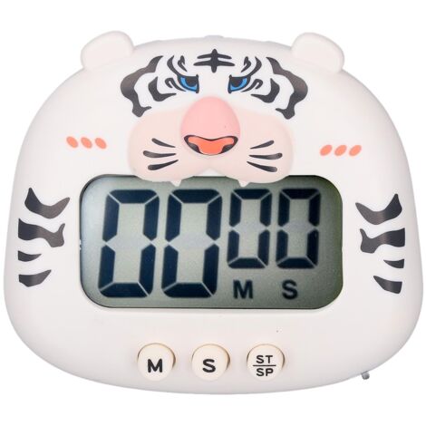 Digital Kitchen Timer Countup Countdown Cartoon Animal Sound Flash Alert Easy Operation with Stand for Cooking Teaching White Tiger