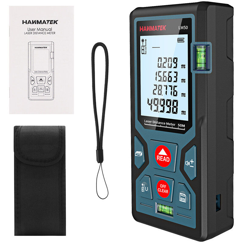 Digital Laser Distance Meter 50 m – Professional Measurer With Length, Area, Volume, and Pythagoras Functions, Backlit LCD Screen, Accurate and Easy