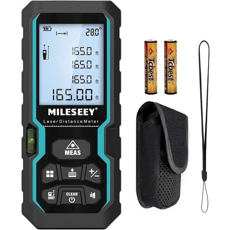 Digital Laser Rangefinder, 50m/165ft Laser Measurement with Electronic Level & LCD Backlight, IP54 m/in/ft/ft+in Pythagorean Measurement Distance