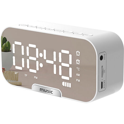 Digital Mirror Surface Alarm Clock with BT Speaker & FM Radio & Temperature Display Dual Alarms Electronic Desktop Clock Rechargeable Portable Music Player Support TF Card 3 Levels Brightness Phone Stand for Home Office Travel