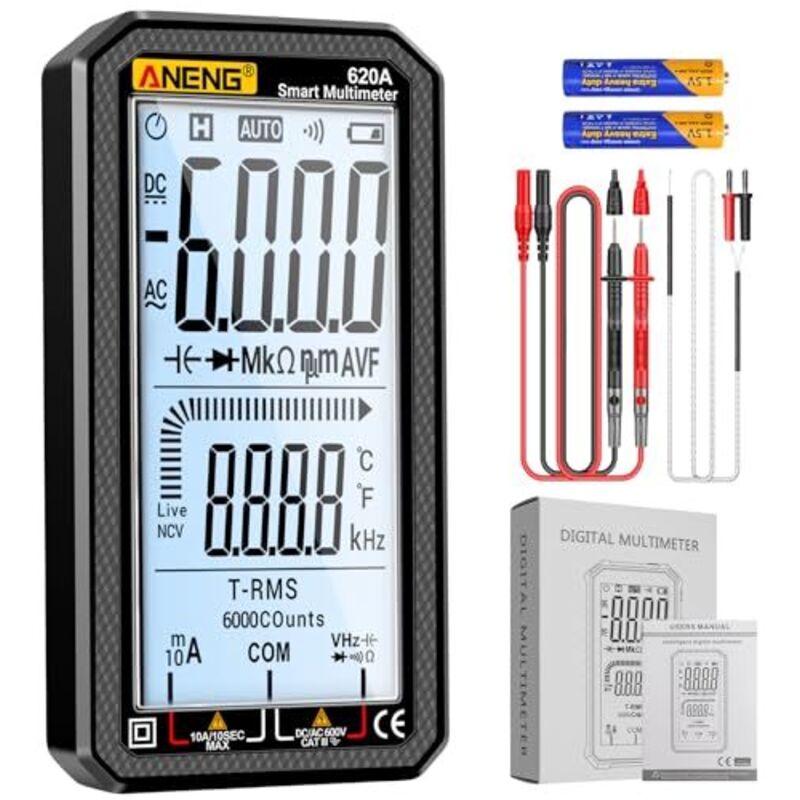 Digital Multimeter 6000 Counts Auto Ranging Voltmeter with LCD,Measures Ac/DC Current,Voltage,Resistance Temperature, for Electricians,DIY (620A