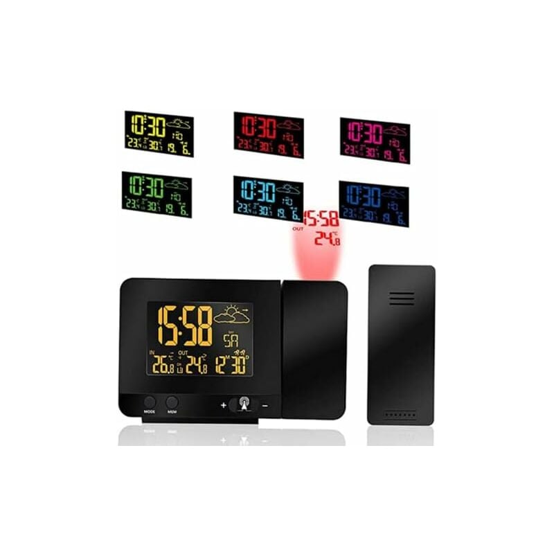 Héloise - Digital Projection Alarm Clock, Indoor and Outdoor Temperature, Weather Forecast, 12/24H Day Date Display, Snooze Function, usb Charging