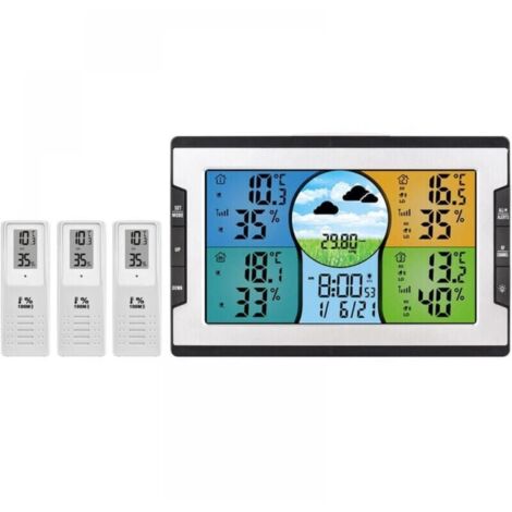 Digital weather station with 3 remote sensors, indoor and outdoor temperature and humidity monitoring up to 100 m, weather forecast/air pressure/backlight YMYNY