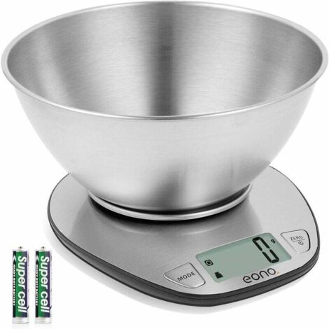 Digitale Küchen-/Backwaage aus Edelstahl, mit abnehmbarer Schüssel, Tara-Funktion, LCD-Display, maximale Tragkraft 5 kg