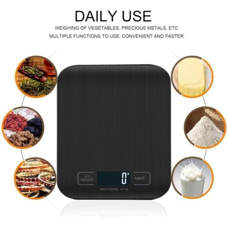 Digitale Küchenwaage, Professionelle Digitalwaage 5 kg - Genaue Messung bis zu 1 g, Elektronische Küchenwaage mit LCD-Display, Tara-Funktion. (Schwarz-5 kg)