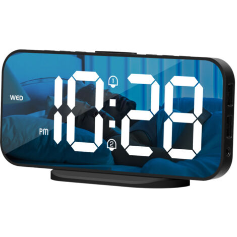 Digitale LED-Spiegeluhr als Wecker (17 cm) – Mit 2 USB-Anschlüssen, Doppelalarm, Schlummerfunktion und modernem Design fürs Schlafzimmer