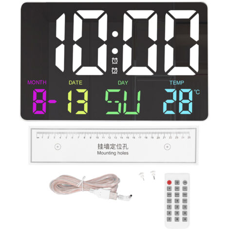 Digitale Wanduhr mit Fernbedienung, anpassbarem RGB-LED-Display, 5 Helligkeitsstufen, Datums- und Temperaturanzeige, großer Wecker für Wohnzimmer oder Büro, 5-V-Netzteil, Weiß