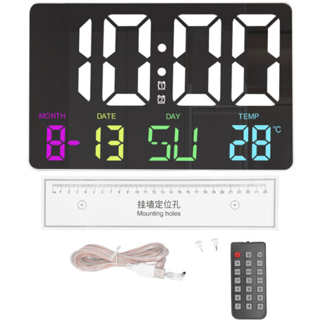 Digitale Wanduhr mit Fernbedienung, einstellbarem RGB-LED-Display, 5 Helligkeitsstufen, Kalender und Temperaturanzeige, großer digitaler Wecker fürs Schlafzimmer, 5-V-Netzteil, Schwarz