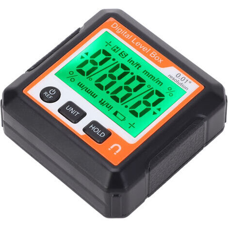 Digitale Wasserwaage mit Magnet, elektronischer Neigungsmesser, Winkelmesser für Holzbearbeitung und Autoreparatur, orange und weiß.