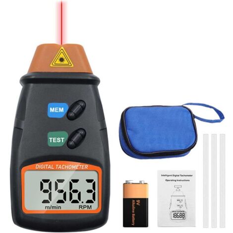 Digitaler Drehzahlmesser, berührungsloser Laser-Drehzahlmesser 2,5–99999 U/min, Drehzahlmesser-Messung mit reflektierendem Streifen (9-V-Batterie im Lieferumfang enthalten) FLITI