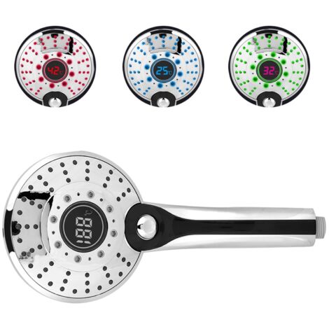 Digitaler LED-Duschkopf mit Display, 3 Modi und 3 Farbtemperaturen – Silber, ABS G1/2 – 13 cm