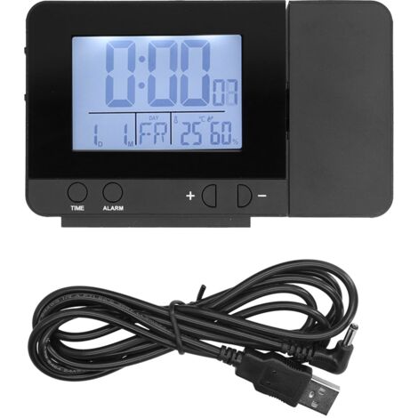 Digitaler LED-Projektionswecker mit 180°-Drehung, Temperatur- und Feuchtigkeitssensor, USB-Anschluss, Schwarz