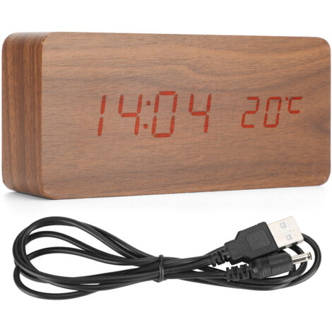 Digitaler LED-Wecker mit intelligenter Klangsteuerung, Holzdesign und USB-Anschluss, ideal für Schreibtisch und Nachttisch.