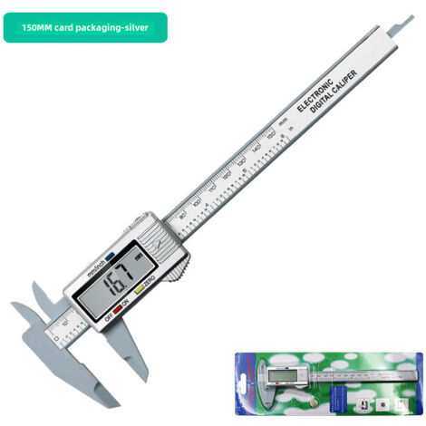 Digitaler Messschieber aus silberfarbenem Kunststoff  Messbereich 0–150 mm  Innen-/Außenmessung  Kartenverpackung  Präzise und sparsam