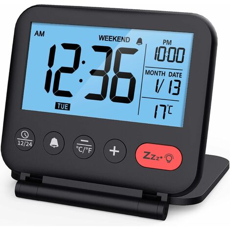 Digitaler Reisewecker für Schlafzimmer, Büro: Kleine LCD-Tischuhr mit Hintergrundbeleuchtung, Datum, Temperatur, 12/24-Stunden-Snooze, Wochenend- und Spiegelmodus, faltbare batteriebetriebene Nachttis